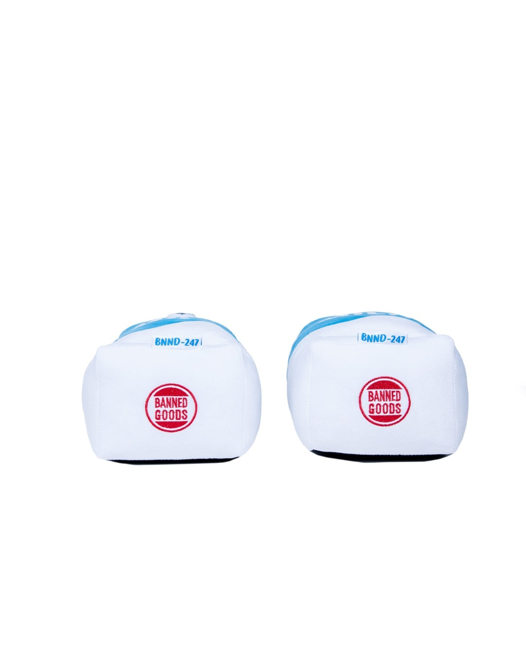 A pair of white slippers with blue trim and a red circular 'Banning Goods' logo on the front, displayed side-by-side against a plain white background.