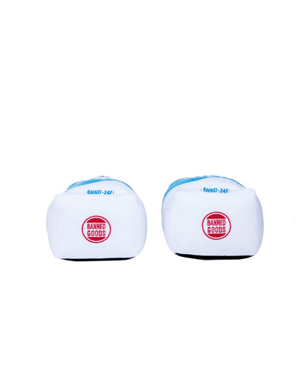 A pair of white slippers with blue trim and a red circular 'Banning Goods' logo on the front, displayed side-by-side against a plain white background.